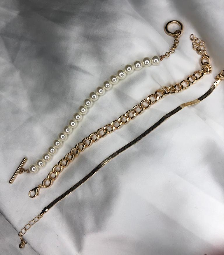 Gold & Pearl Set of 3 Row bracelets