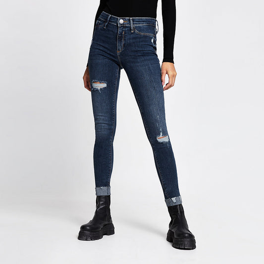 River Island Blue Mid Rise ripped turn up hem jeans