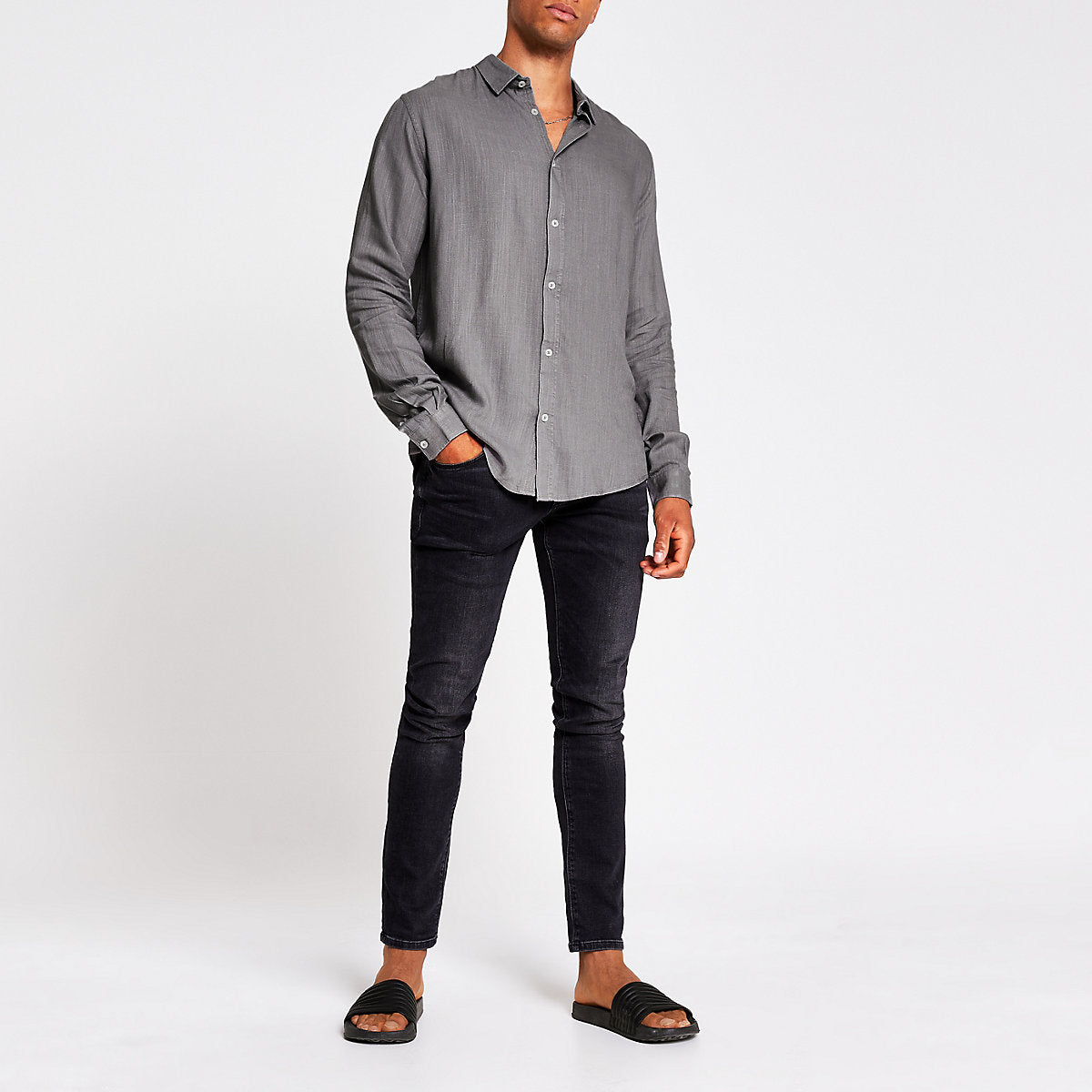 River Island Grey regular fit linen long sleeve shirt