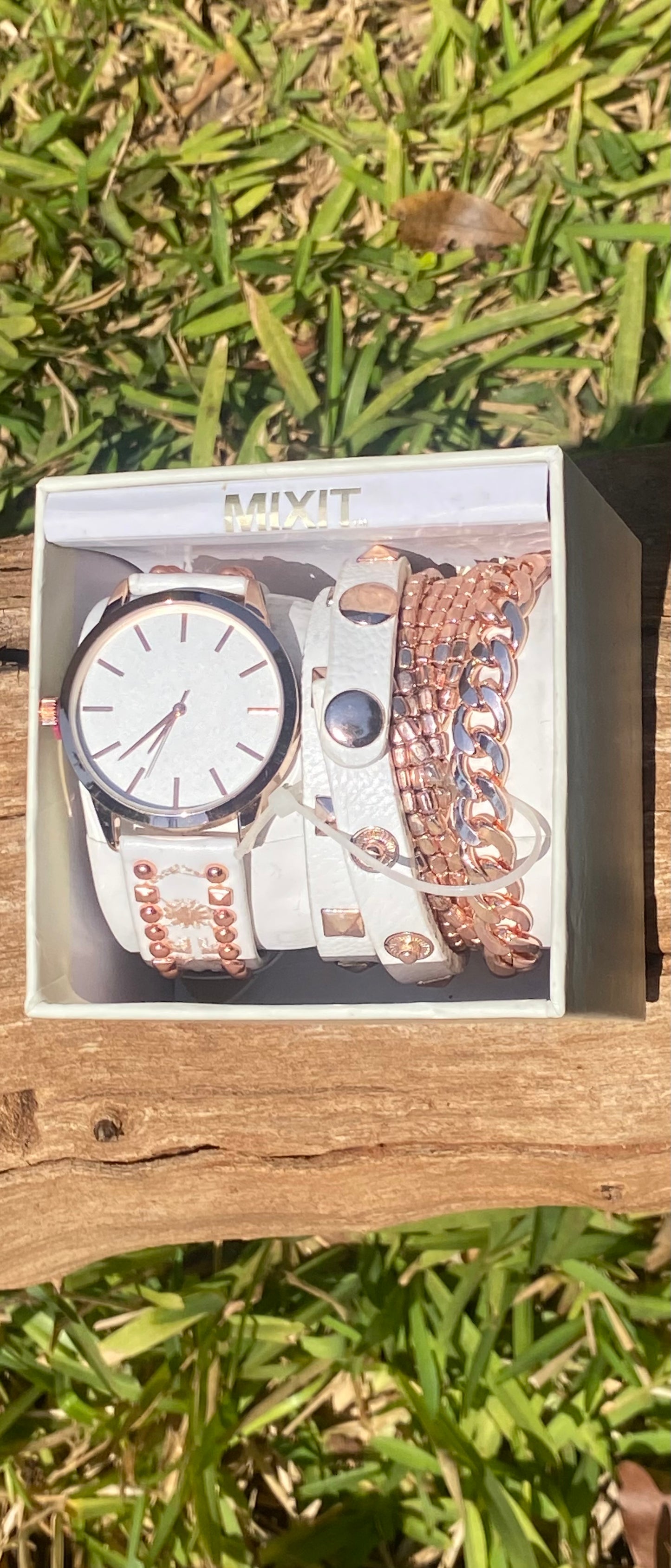 MIXIT white and rose gold watch with chains