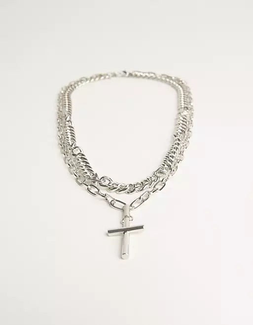 Bershka double layer cross necklace in silver Men